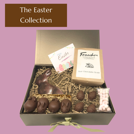 The Easter Collection hamper with artisan chocolate bunny, mini eggs, hot chocolate and mallows in bronze and gold hamper.