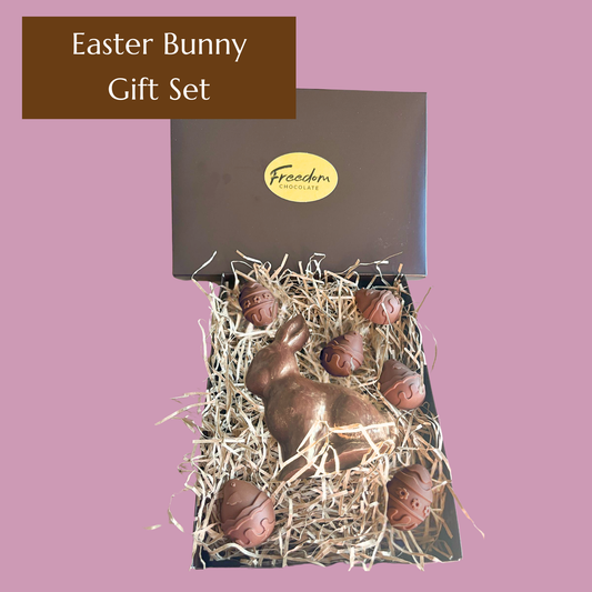 Easter Bunny Gift Set with 115g Creamy chocolate bunny and six mini eggs in gift box.