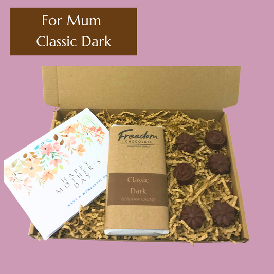 Mother’s Day chocolate gift featuring Creamy Orange artisan chocolate bar, six solid chocolate flowers and handwritten card.