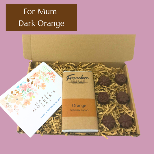 Mother’s Day chocolate gift featuring 70% dark orange cacao bar, six solid chocolate flowers and handwritten card.